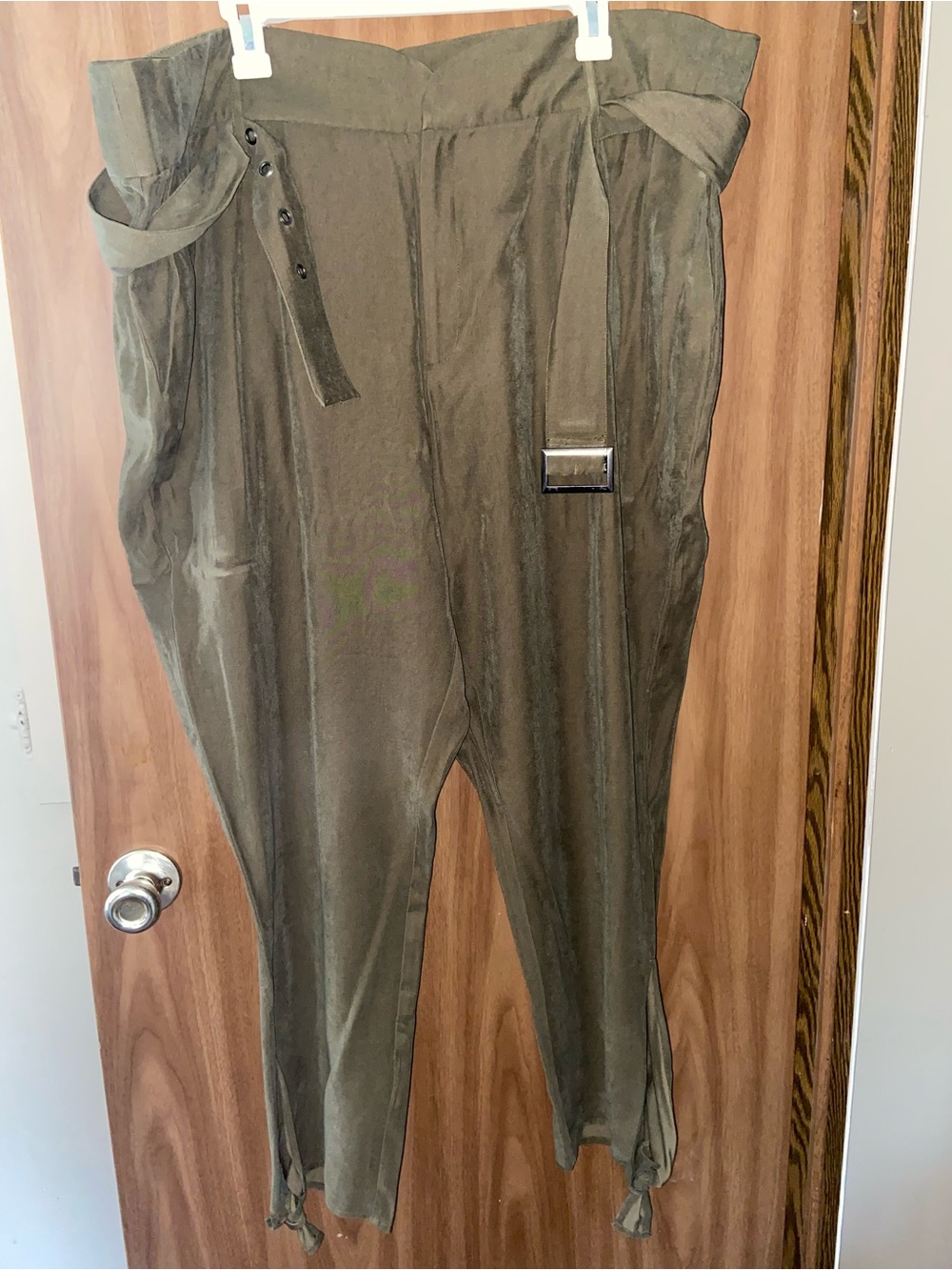Denim 24/7 Olive Green High-Waist Paperbag Trousers with Belt